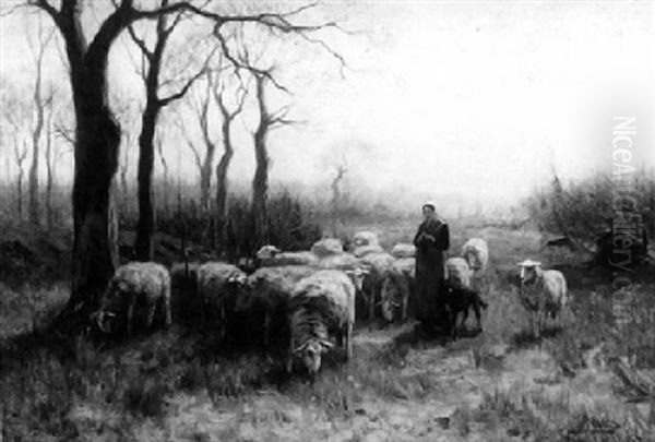 A Shepherdess With Her Flock Oil Painting by Johannes Karel Leurs