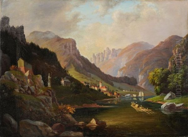 Parthie Bei Niedergrund An Der Elbe (sachsisch Bohmische Grenze) Oil Painting by Franz Wilhelm Leuteritz