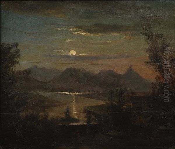 Alpenlandschaft Im Mondschein (salzach Bei Salzburg?) Oil Painting by Franz Wilhelm Leuteritz