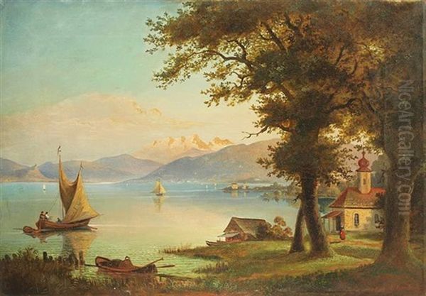 Romantische Alpenlandschaft Am See Oil Painting by Franz Wilhelm Leuteritz