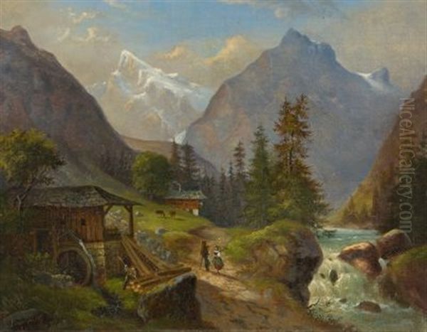 Das Wetterhorn Und Der Mettenberg Vom Grindelwaldthal Oil Painting by Franz Wilhelm Leuteritz