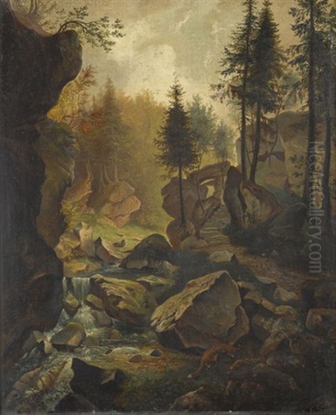 Felsige Waldlandschaft Mit Fuchsen Oil Painting by Franz Wilhelm Leuteritz