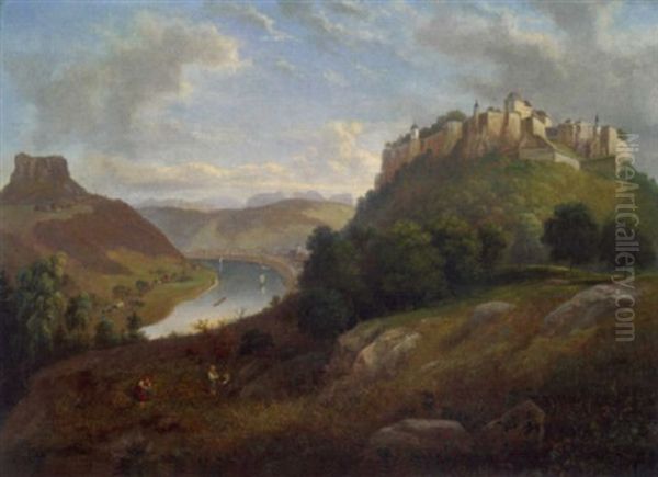 Das Elbtal Mit Blick Auf Die Festung Konigstein Und Den Lilienstein Oil Painting by Franz Wilhelm Leuteritz