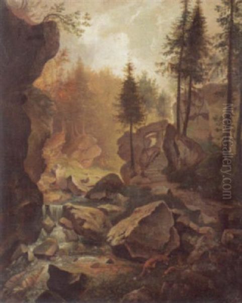 Felsige Waldlandschaft Mit Fuchsen An Einem Bach Oil Painting by Franz Wilhelm Leuteritz