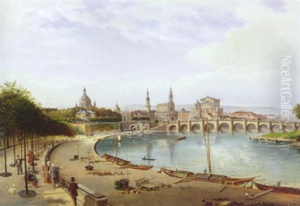 Folkeliv I Dresden, Set Fra Albert Brucke Oil Painting by Franz Wilhelm Leuteritz