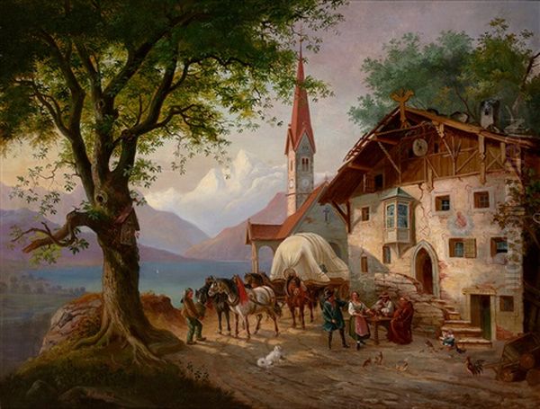 Vierspanniges Fuhrwerk Und Figurenstaffage Mit Rastenden Reisenden Vor Malerischem Gasthaus Am Seeufer Oil Painting by Paul Leuteritz