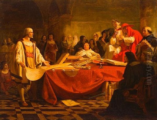 Columbus Before The High Council Of Salamanca Oil Painting by Emanuel Leutze