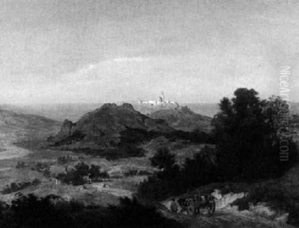 Sudliche Berglandschaft Mit Stadt Und Kathedrale Auf Einem Bergrucken Oil Painting by Emanuel Leutze