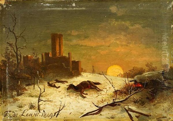 Winterlandschaft Mit Jagdwild Oil Painting by Friedrich August De Leuw