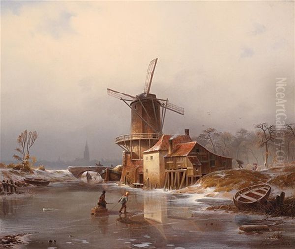 Windmuhle An Einem Winterlich Zugefrorenem Kanal Oil Painting by Friedrich August De Leuw