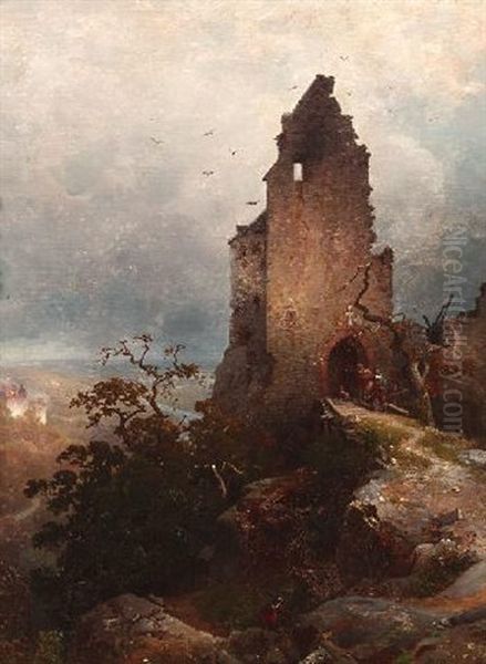 Die Ebernburg Bei Baden-baden, Gegenuber Die Brennende Baumburg Oil Painting by Friedrich August De Leuw