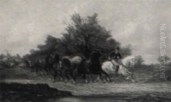 Equerries And Their Riderless Charges Oil Painting by Friedrich August De Leuw