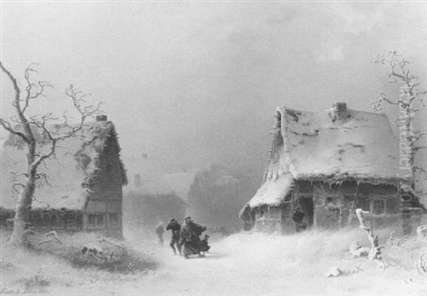 A Stormy Winter Landscape With Figures On A Snowy Village   Street Oil Painting by Friedrich August De Leuw