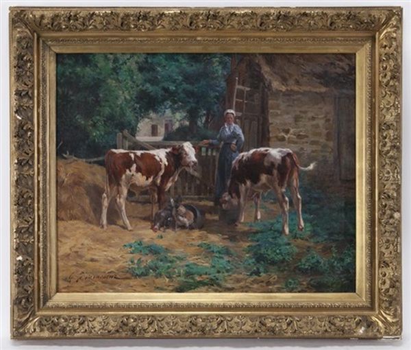 Untitled (woman With Cattle And Chickens) Oil Painting by Cyprien Louis Pierre Edmond Levavasseur