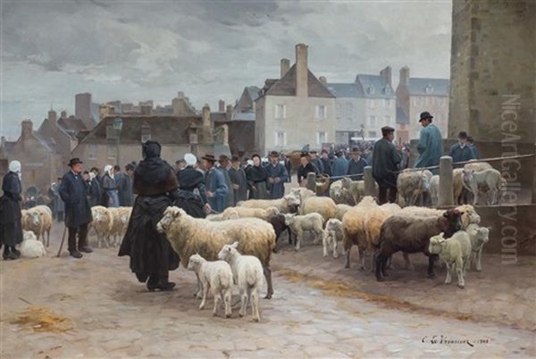 Brittany Sheep Market Oil Painting by Cyprien Louis Pierre Edmond Levavasseur