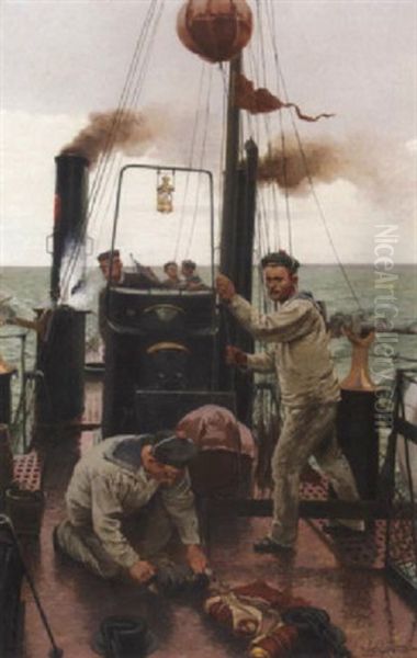 Matelots Hoisting A Flag Signal From The Deck Of A French Torpedo Boat At Sea Oil Painting by Cyprien Louis Pierre Edmond Levavasseur