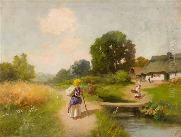 Bauerin Am Fluss Oil Painting by Petr Alekseevich Levchenko