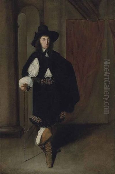 Portrait Of A Gentleman, Full-length, In A Black Coat And Hat Holding A Cane In His Right Hand, In A Draped, Colonnaded Interior Oil Painting by Jacobus Levecq