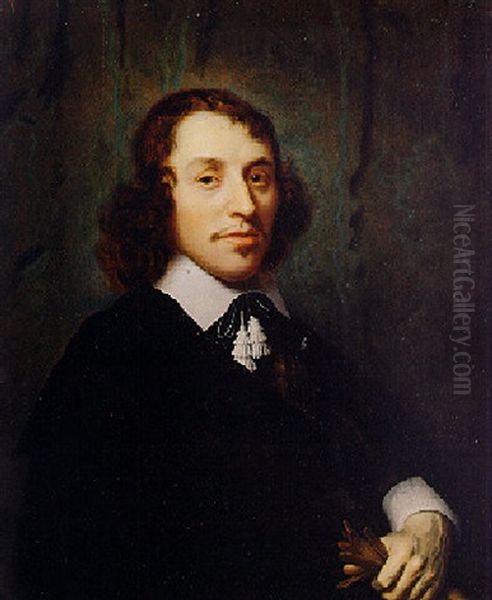 Portrait Of A Man In Black Holding A Pair Of Leather Gloves Oil Painting by Jacobus Levecq