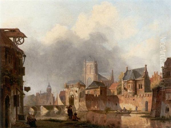 Blick Auf Eine Belgische Stadtpartie Mit Flus Oil Painting by Heinrich Jacob Levelt