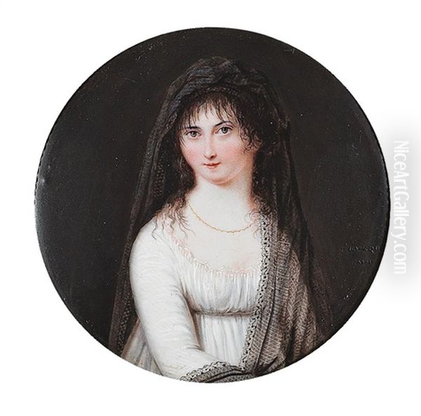 A Portait Of A Young Woman In A White Dress And With A Black Veil Oil Painting by Henri Leveque