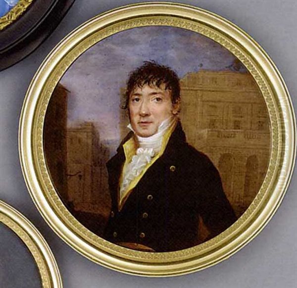 A Gentleman Standing In A Street With Buildings Beyond, In Black Coat With Gold Buttons, Yellow Waistcoat And Frilled Cravat, Forward Combed Dark Hair Oil Painting by Henri Leveque