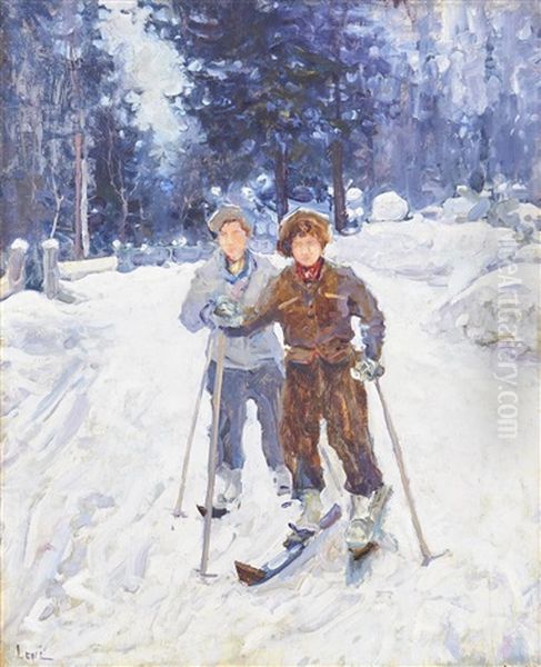 Skiers In A Winter Landscape Oil Painting by Vassilij Filippovich Levi