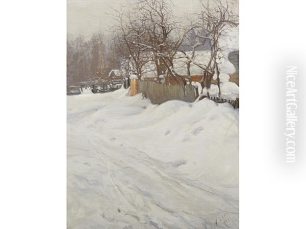 A Winter Landscape Oil Painting by Vassilij Filippovich Levi