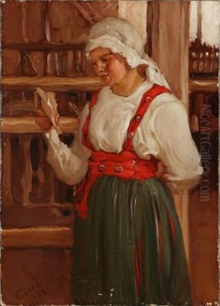 Young Russian Woman Reading A Letter Oil Painting by Vassilij Filippovich Levi