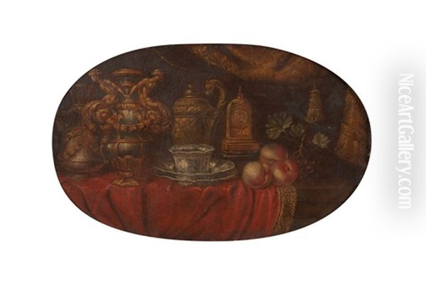 Nature Morte Aux Pieces D'orfevrerie, Pieces De Porcelaine, Pendule Et Peches Oil Painting by Reynaud Levieux