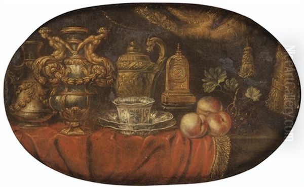 Nature Morte Aux Pieces D'orfevrerie, Pieces De Porcelaine, Pendule Et Peches Oil Painting by Reynaud Levieux