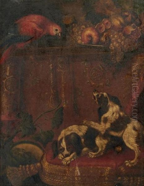 Deux Chiens Guettant Un Perroquet Oil Painting by Reynaud Levieux