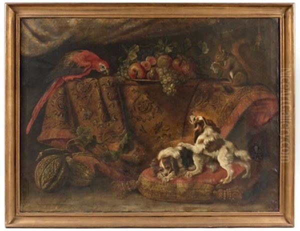 Nature Morte Avec Un Ara, Un Ecureuil Et Deux Epagneuls Nains Oil Painting by Reynaud Levieux