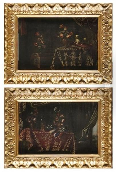 Scenes D'interieur Figurant Des Natures Mortes Aux Fleurs (pair) Oil Painting by Reynaud Levieux