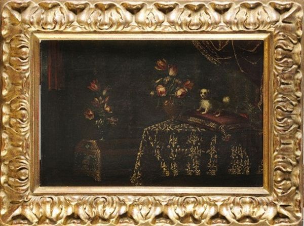 Scenes D'interieur Figurant Des Natures Mortes Aux Fleurs (pair) Oil Painting by Reynaud Levieux