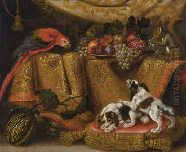 Nature Morte Avec Ara, Ecureuil Et Epagneuls Nains Oil Painting by Reynaud Levieux