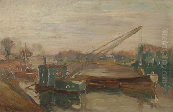 Workboat On The Seine (+ Weary Traveler; 2 Works) Oil Painting by Reynaud Levieux