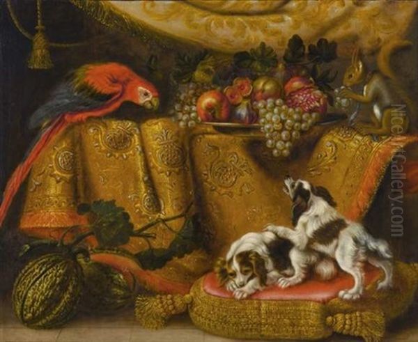 Nature Morte Avec Ara, Ecureuil Et Epagneuls Nains Oil Painting by Reynaud Levieux