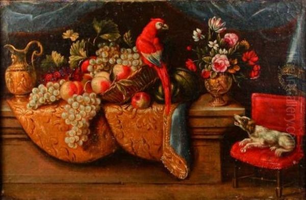 Nature Morte Aux Fleurs, Fruits Et Perroquet Oil Painting by Reynaud Levieux