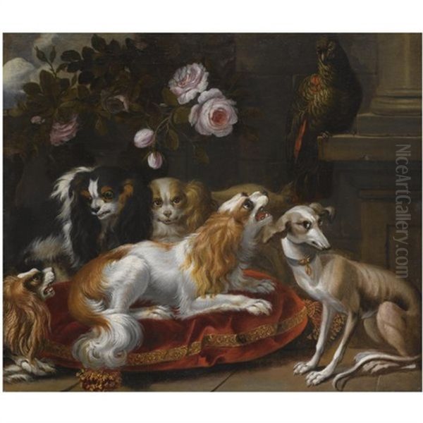 A Group Of King Charles Spaniels, A Whippet And A Parrot Oil Painting by Reynaud Levieux