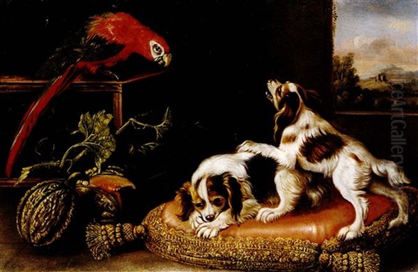 Naturaleza Muerta Con Loro Y Dos Spaniels Oil Painting by Reynaud Levieux