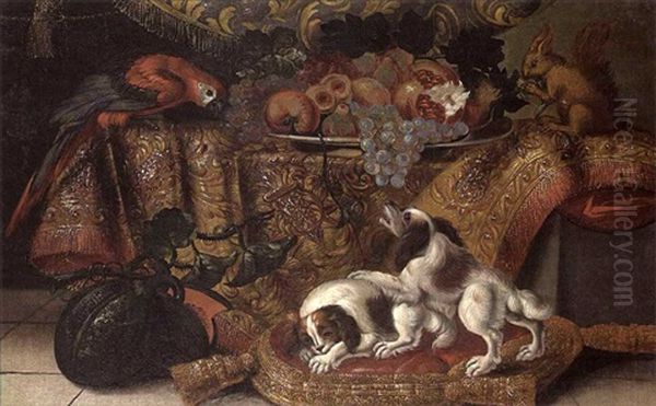 Chiens Et Perroquets Se Disputant Oil Painting by Reynaud Levieux