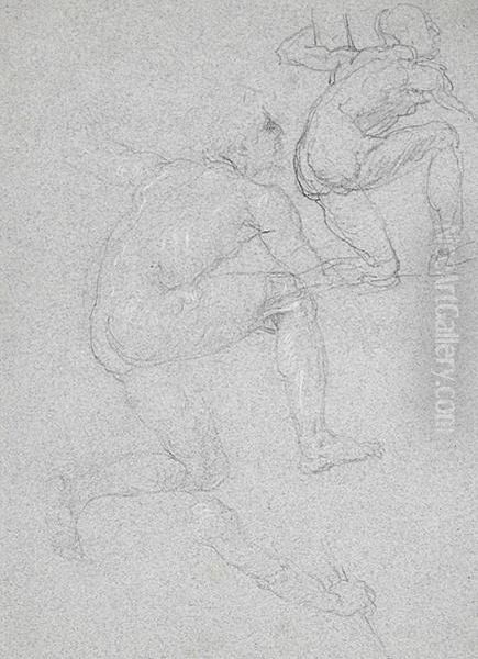 Sitzende Mit Ausgestreckten Beinen - Studienblatt Mit Kniendem (2) Und Armstudie Oil Painting by Eduard Julius Fr. Bendemann