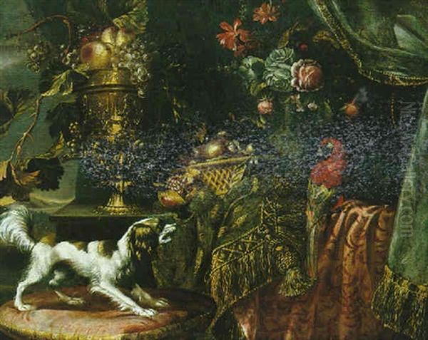 Nature Morte A La Coupe De Raisin, Bouquet De Fleurs, Ara Et Petit Chien Oil Painting by Reynaud Levieux