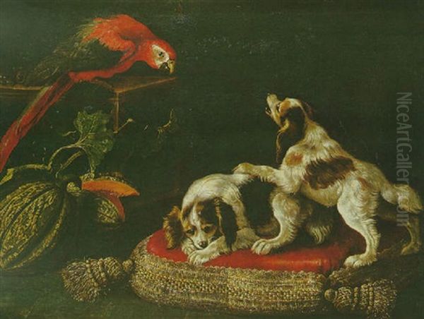 Nature Morte Aux Aras, Chiens Et Melons Oil Painting by Reynaud Levieux