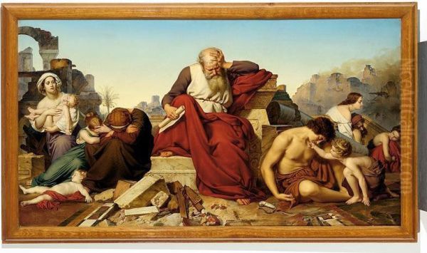 Jeremia Seated In The Ruins Of Jerusalem Oil Painting by Eduard Julius Fr. Bendemann