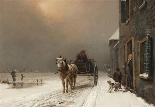 Untitled (horse Drawn Carriage In Snow) Oil Painting by Theodore Levigne