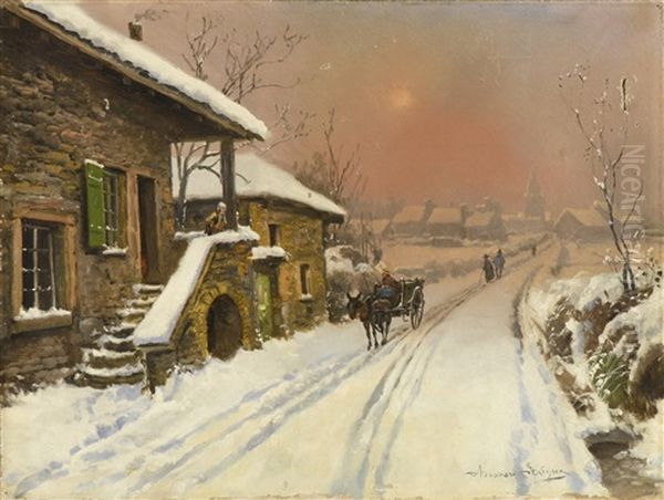 Temps De Neige Le Soir Oil Painting by Theodore Levigne