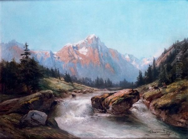 Chevrier Pres D'un Torrent De Montagne Oil Painting by Theodore Levigne