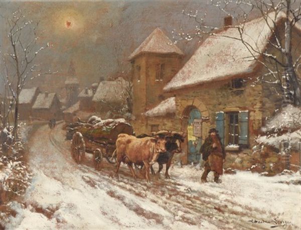 L'attelage De Boeufs, En Hiver A La Sortie Du Village Oil Painting by Theodore Levigne